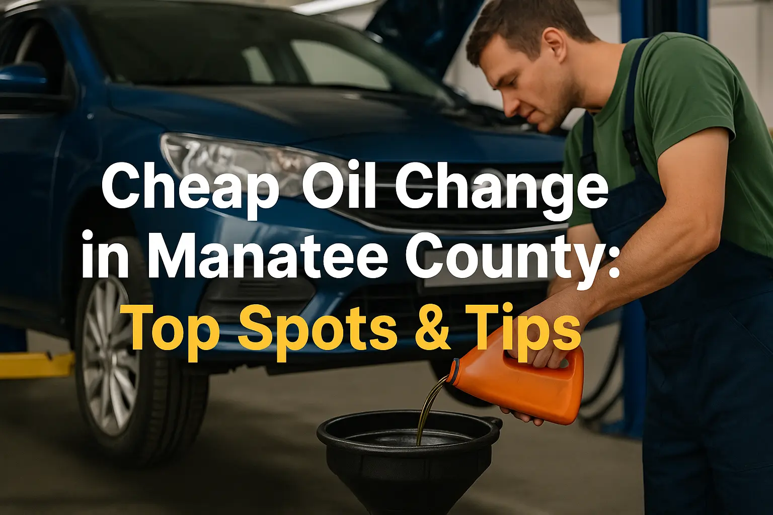 Cover image for blog titled Cheap Oil Change in Manatee County featuring a mechanic performing an oil change on a blue car in an auto shop.